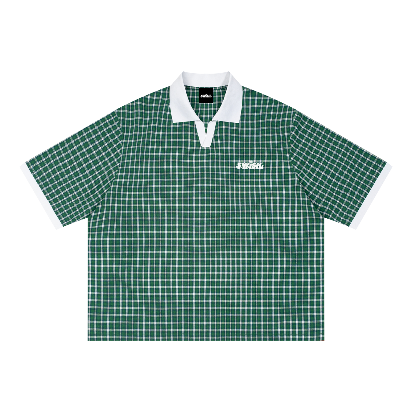 Swish. Unisex Boxy Plaid Color Block Polo Shirt