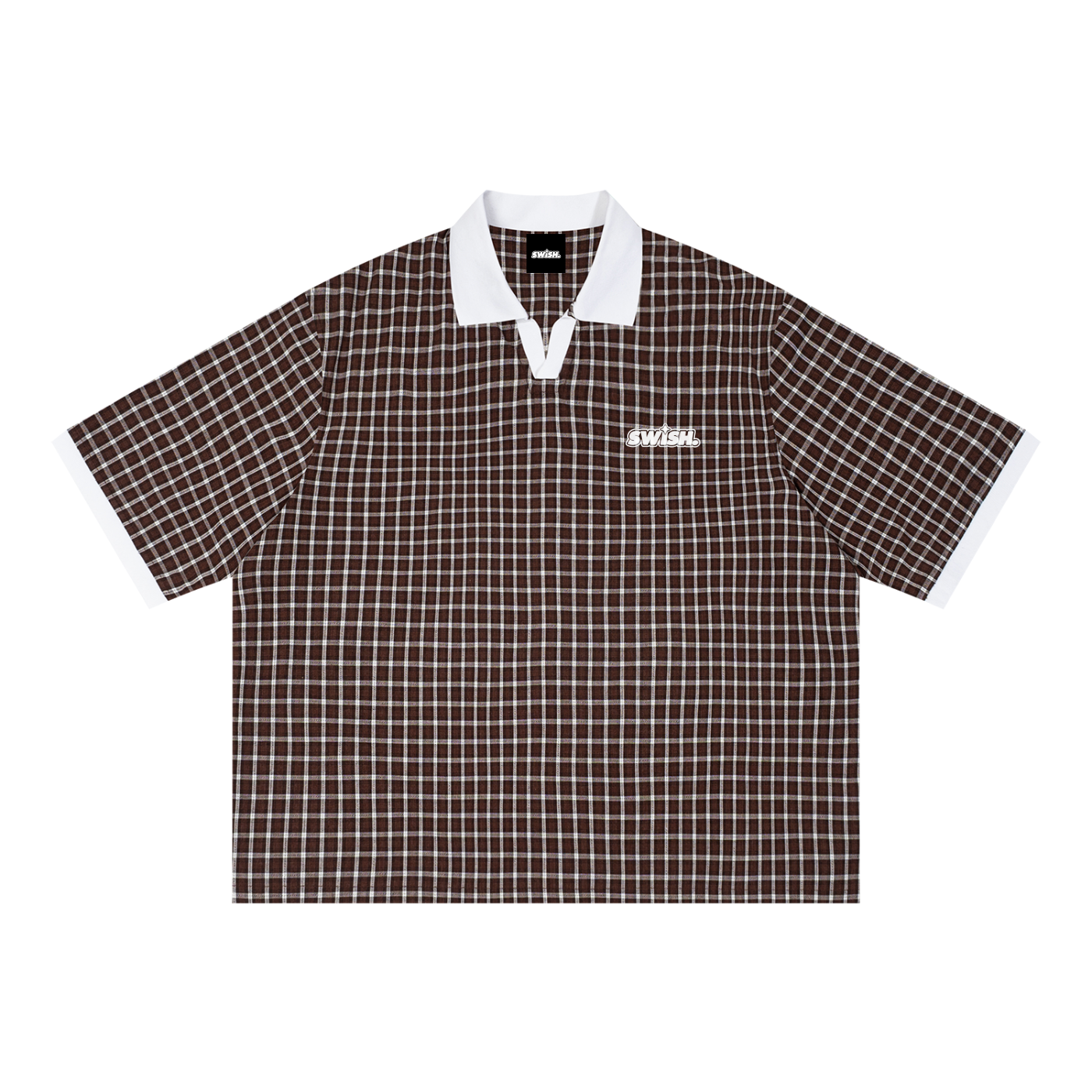 Swish. Unisex Boxy Plaid Color Block Polo Shirt